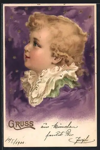 AK Kindergesicht im Seitenprofil, dahinter Sterne