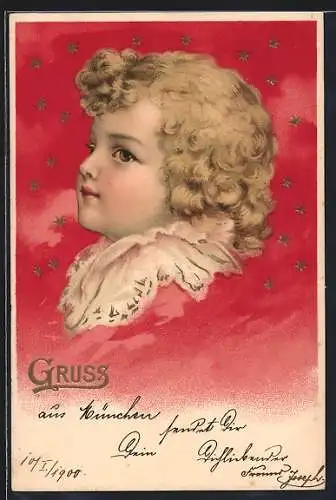 Lithographie Kind mit blondem Haar vor blauem Sternenhimmel