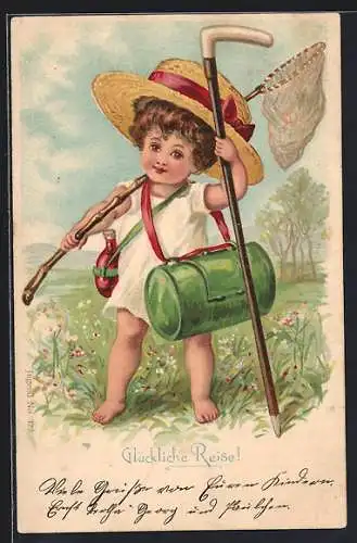 AK Kind mit Tasche, Kescher und Wanderstock