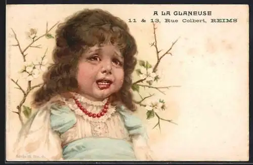 Lithographie Reims, A la Glaneuse, 11 & 13, Rue Colbert, Weinendes Kind im Kleid