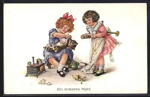 AK Ein leckeres Mahl, zwei Mädchen versuchen eine Katze mit dem Löffel zu füttern