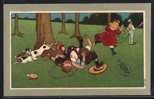 Präge-AK Kleine Jungen raufen sich im Park