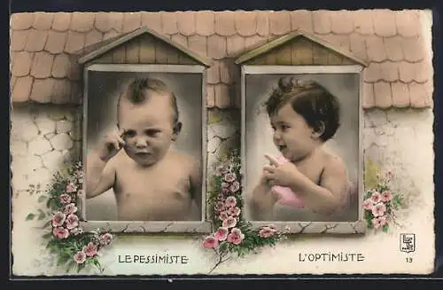 AK Le Pessimiste, L`Optimiste, Zwei kleine nackte Kinder