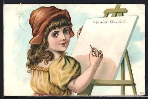 AK Mädchen im Kleid schreibt an der Staffelei