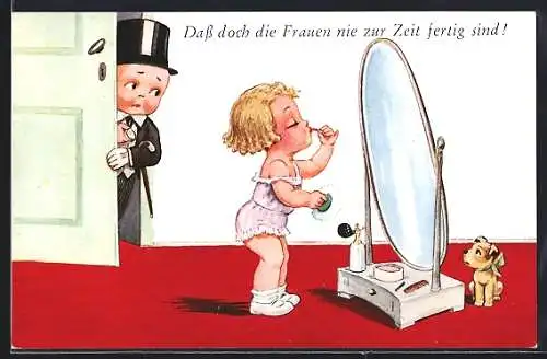 AK Mädchen schminkt sich vor dem Spiegel