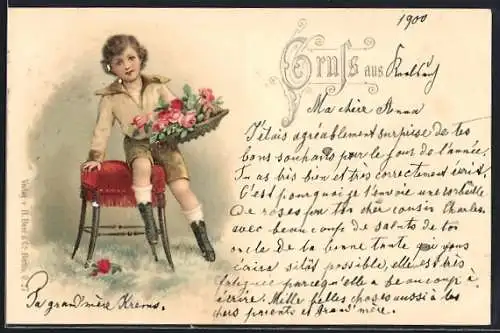 AK Kleiner Junge mit einem Rosenkorb