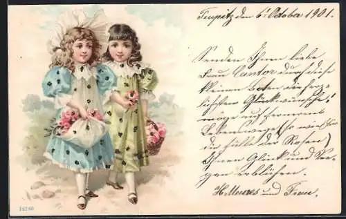 AK Zwei kleine Mädchen mit Blumenkörben