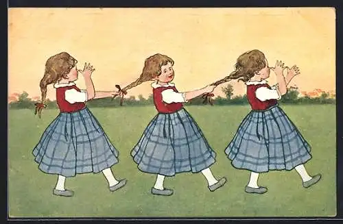 Künstler-AK Brüder Kohn (B.K.W.I) Nr. 763-1: Mädchen mit Zöpfen im Gänsemarsch