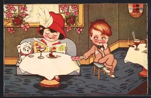 AK Junge gibt Mädchen im Cafe einen Brief