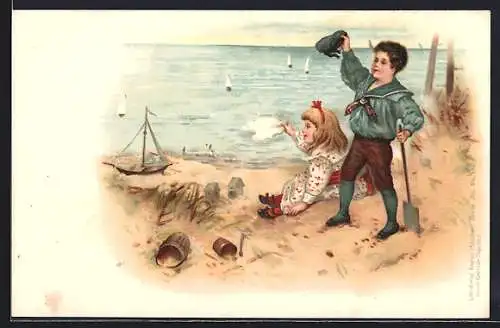 AK Strandspiele, zwei Kinder winken am Strand den Booten auf See zu, Matrosenanzug und Kleid