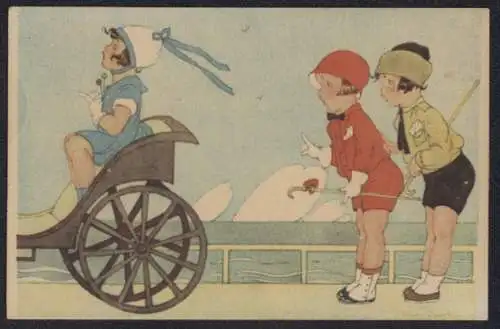 AK Zwei Jungen schauen Mädchen im Wagen nach