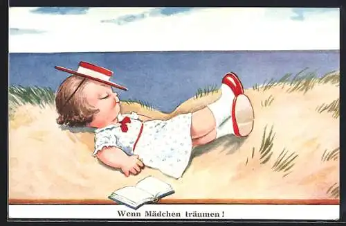 AK Mädchen mit Buch döst in den Dünen
