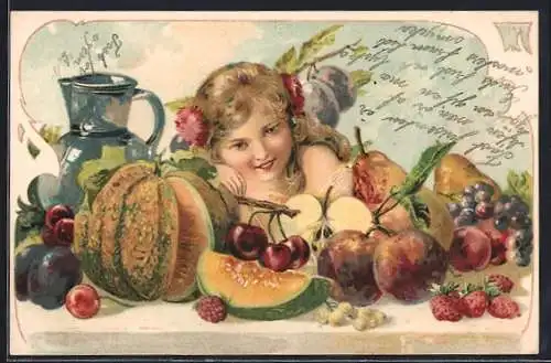 AK Blondes Mädchen mit Pfirsichen, Kirschen und Melone