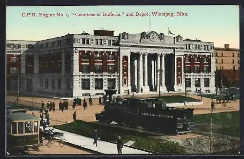AK Winnipeg /Man, C. P. R. Engine No. I Countess of Dufferin and Depot, Bahnhof
