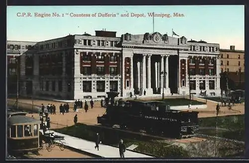 AK Winnipeg /Man., C. P. R. Engine No. I Countess of Dufferin and Depot, Bahnhof