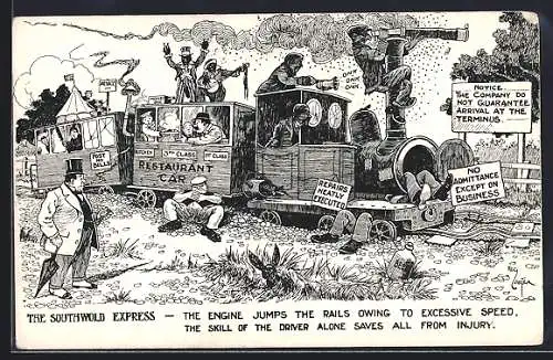 Künstler-AK sign. Reg Carter: The Southwold Express, The Engine jumps the Rails...