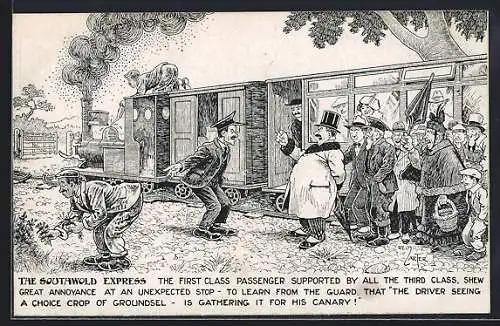 Künstler-AK Reg Carter: The Southwold Express, The First Class Passenger supported by all ..., englische Eisenbahn