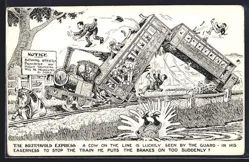 Künstler-AK Reg Carter: The Southwold Express, A Cow on the LIne is luckily seen..., englische Eisenbahn