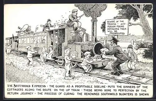 Künstler-AK sign. Reg Carter: The Southwold Express, The Guard as a profitable Sideline-puts the Dinners