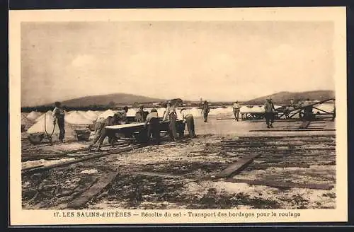 AK Hyères, Les Salins, Récolte du sel, Transport des bordages pour le roulage, Salzgewinnung