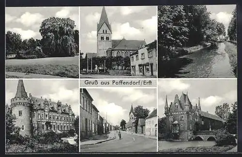AK Paffendorf /Erft, Kirche, Flusspartie und Strassenpartie im Ort