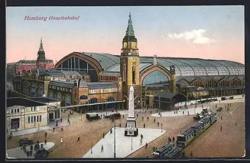 AK Hamburg-St.Georg, Hauptbahnhof mit Denkmal und Strassenbahn