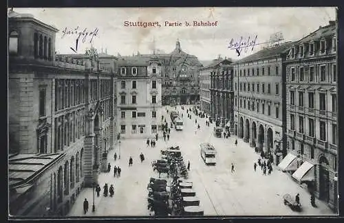AK Stuttgart, Strassenpartie beim Bahnhof mit Strassenbahn