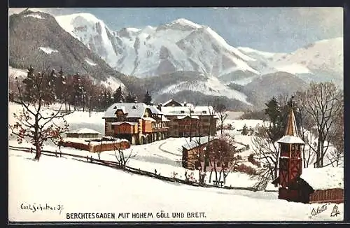Künstler-AK Berchtesgaden, Totalansicht mit Hohem Göll und Brett