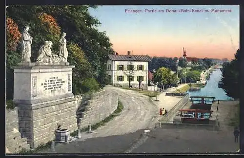 AK Erlangen, Partie am Donau-Main-Kanal mit Monument