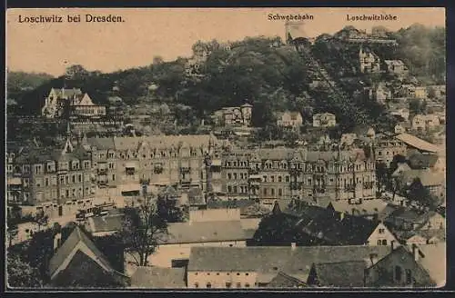 AK Loschwitz bei Dresden, Teilansicht mit Schwebebahn und Loschwitzhöhe, Strassenbahn