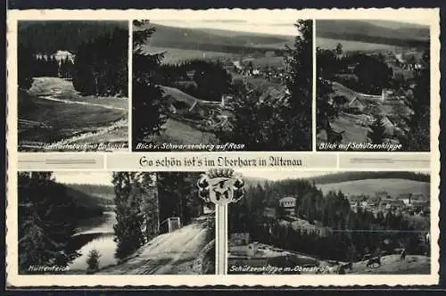AK Altenau /Oberharz, Blick vom Schwarzenberg auf Rose, Gerlachsbach mit Bahnhof, Schützenklippe mit Oberstrasse