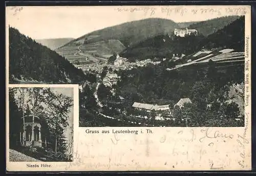 AK Leutenberg i. Th., Ortsansicht aus der Vogelschau, Sizzós Höhe mit Pavillon