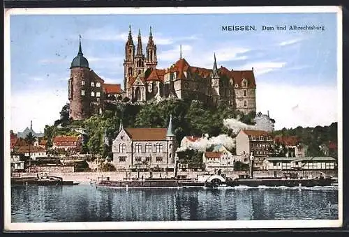 AK Meissen, Dom und Albrechtsburg, Schleppraddampfer auf der Elbe