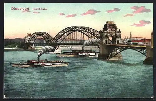 AK Düsseldorf, Rheinbrücke mit Raddampfern