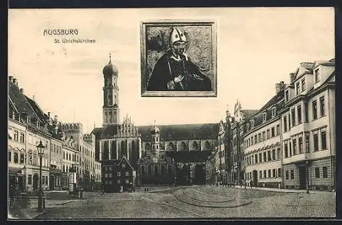 AK Augsburg, Häuser an der St. Ulrichskirchen, Bildnis des Heiligen