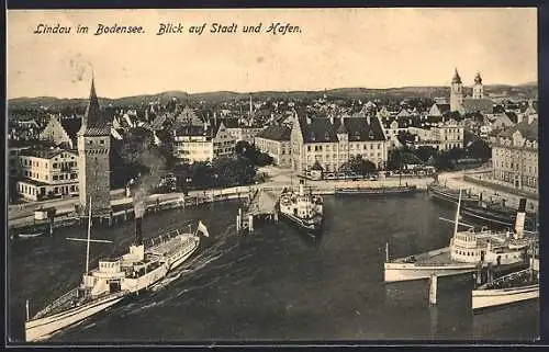 AK Lindau im Bodensee, Blick auf Stadt und Hafen aus der Vogelschau