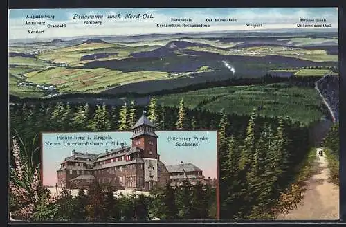 AK Oberwiesenthal, das Nordostpanorama, Fichtelberg Unterkunftshaus