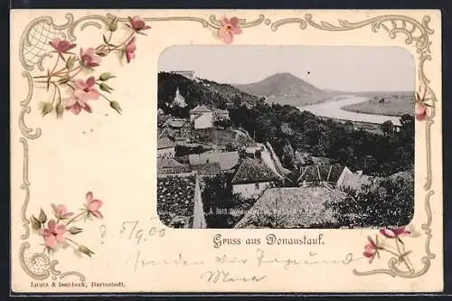 AK Donaustauf, Teilansicht mit Walhalle von der Ruine Stauf, Blumen, Passepartout