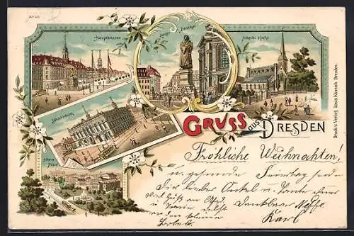 Lithographie Dresden-Neustadt, Johanneum, Amerk. Kirche und Albertplatz