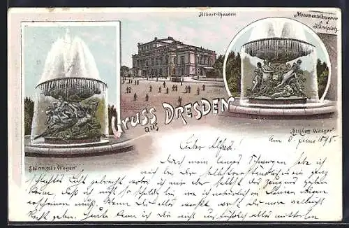 Lithographie Dresden-Neustadt, Albert-Theater, Stürmische Wogen, Monumentalbrunnen a. d. Albertplatz