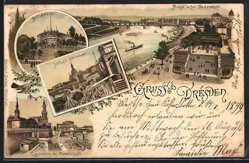 Lithographie Dresden, Belvedere, Helbig`s Elbterrasse, Landeplatz der Dampfschiffe