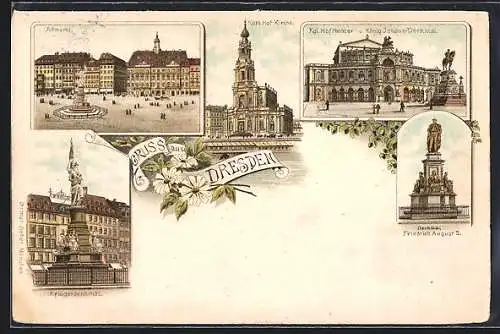 Vorläufer-Lithographie Dresden, 1893, Königlihces Hoftheater & Köngi Johann-Denkmal, Katholische Hof-Kirche