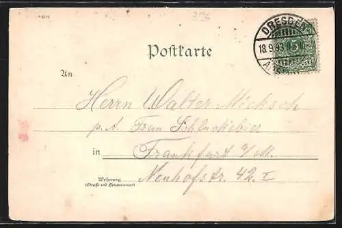 Vorläufer-Lithographie Dresden, 1893, Königlihces Hoftheater & Köngi Johann-Denkmal, Katholische Hof-Kirche