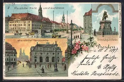 Lithographie Dresden-Neustadt, Markt u. Hauptstr., Hauptwache, Denkmal August d. Starken