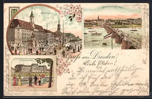 Lithographie Dresden, Hauptstrasse, Finanzministerium, Totalansicht Neustadt