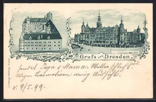 AK Dresden, Das Markgräfliche Residenz-Schloss um d. J. 1500 und heute