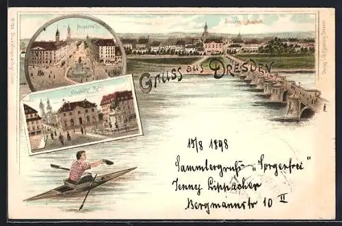 Lithographie Dresden-Neustadt, Teilansicht mit Brücke, Hauptstrasse, Neustädter Markt