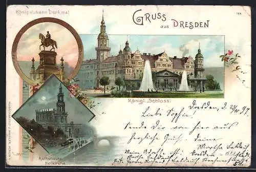 Lithographie Dresden, Königl. Schloss, König Johann Denkmal, Kath. Hofkirche
