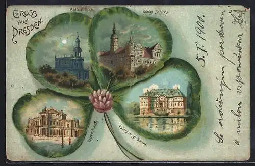 Passepartout-Lithographie Dresden, Kath. Kirche, Schloss, Opernhaus im Kleeblatt