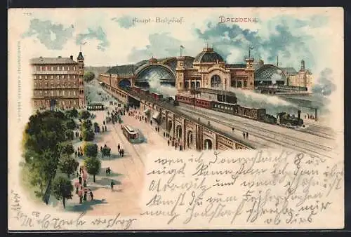 Lithographie Dresden, Blick auf den Haupt-Bahnhof